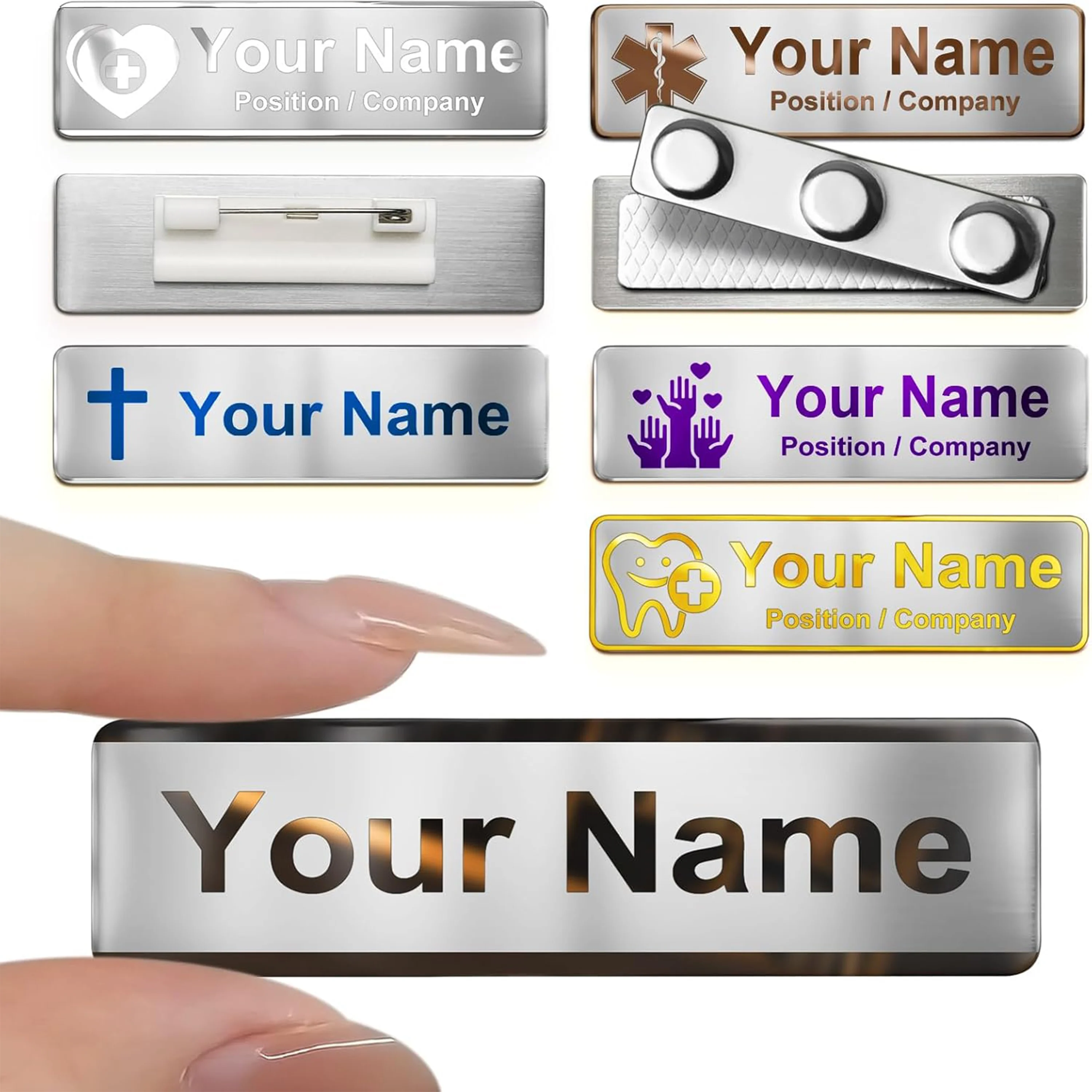 Stainless Steel Custom Name Tag with Pin Clip - Engraved Personalized Work Badge Business Identification Metal ID Name Plate