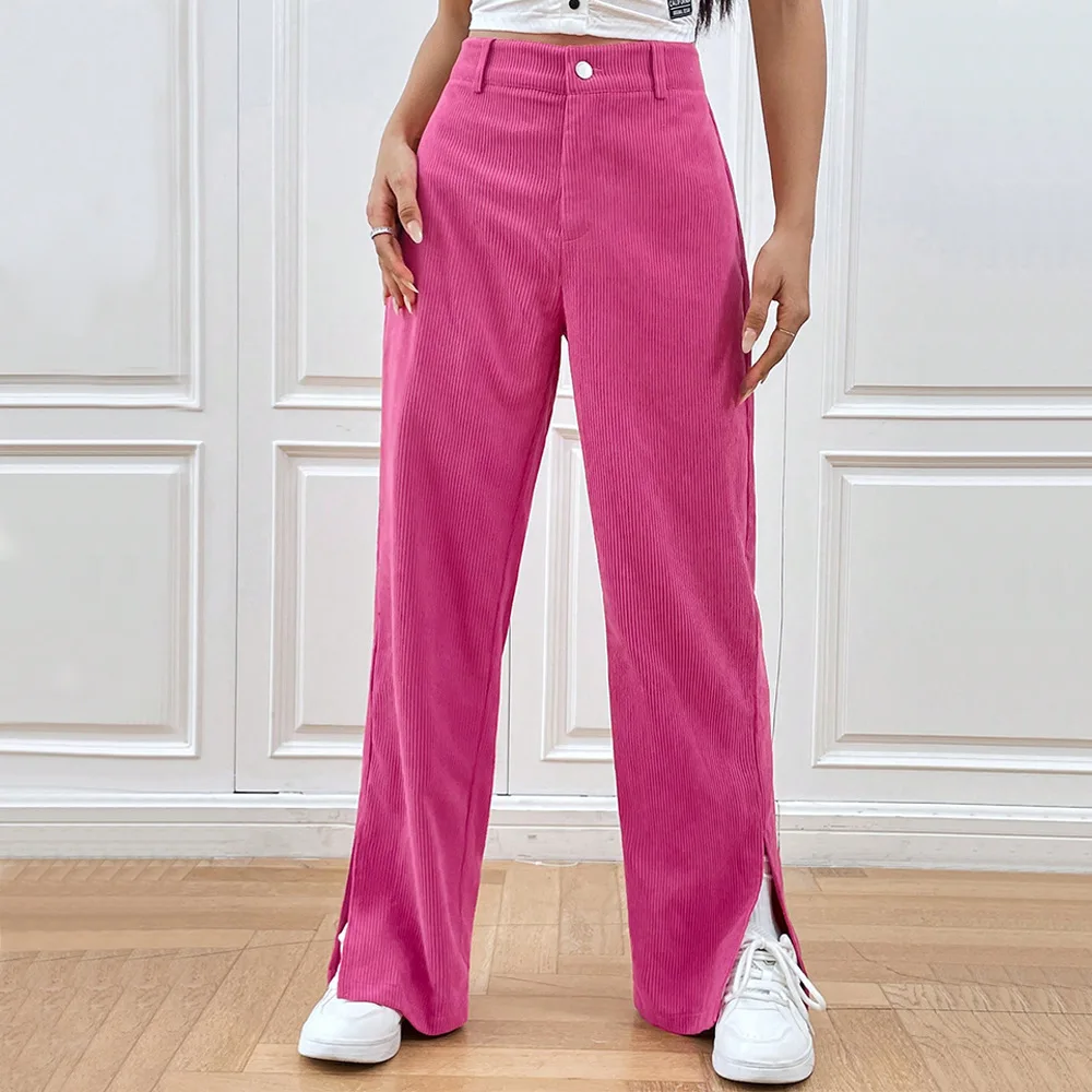 

2024 corduroy casual straight leg pants with split legs for fashionable and trendy women's winter casual pants