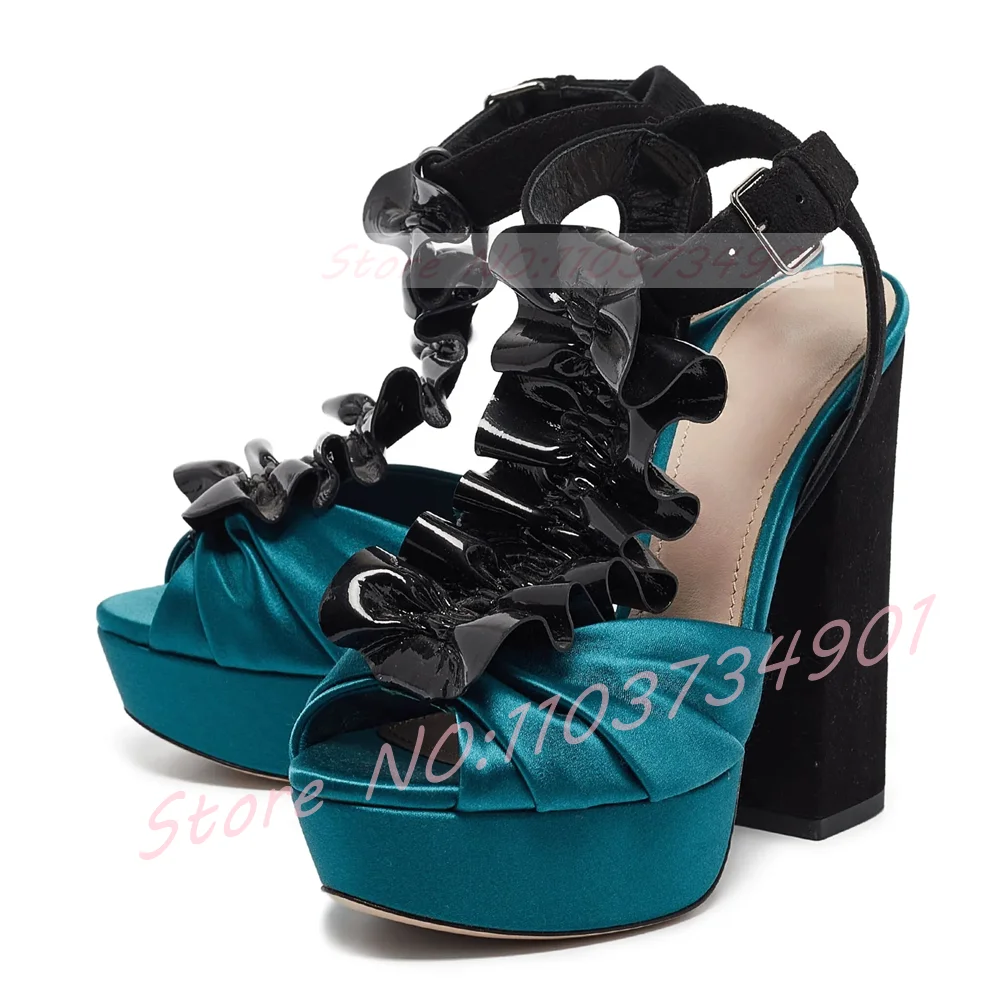 

Сандалии на платформе с оборками и цветочным принтом, женские синие атласные сандалии на платформе с пряжкой и ремешком на щиколотке, женские стильные вечерние плиссированные туфли