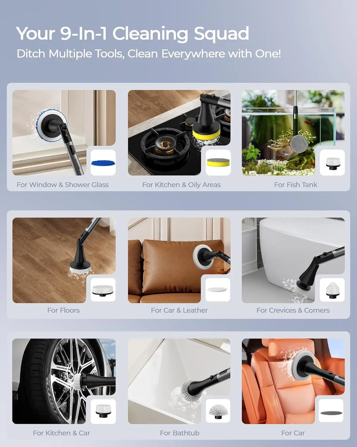 Electric Spin Scrubber with 9 Brush Heads, 3-Angle Adjustable, 3-Speed, LED Battery Display – Cordless Bathroom & Tile Cleaner