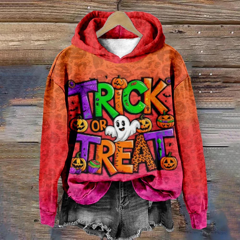 Halloween Hoodie for Women Trick or Treat Harajuku Long Sleeve Orange Sweatshirt Casual Fashion