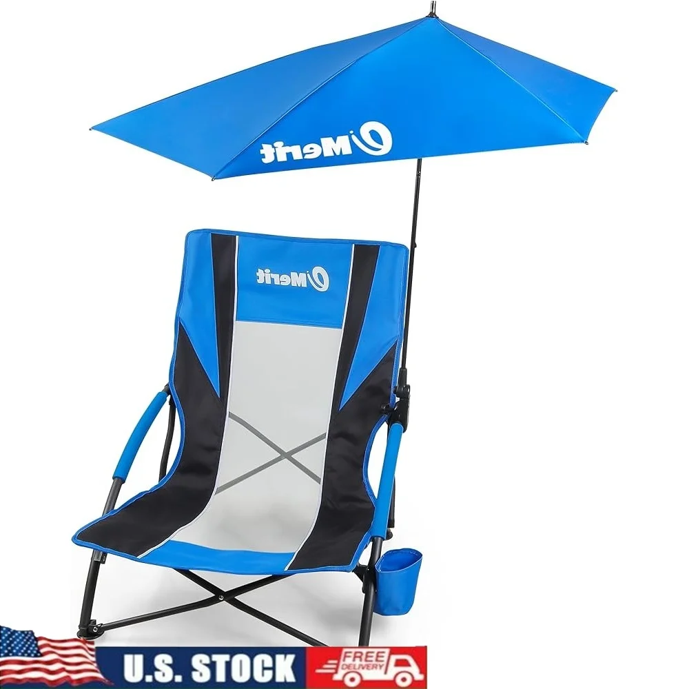

Low Beach Chair with Umbrella Folding Camping Chair Ergonomic Sling Chair with Cup Holder Heavy Duty Portable Sunshade