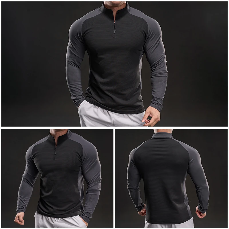 

Мужская удобная универсальная спортивная футболка с длинными рукавами, быстросохнущая, дышащая, модный дизайн с цветовыми блоками, повседневная одежда, ретро-стиль, на молнии