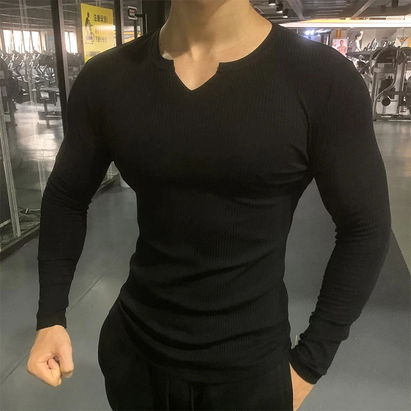 2024 Men\'s T-shirt sports long sleeved striped solid V-neck tight elastic running shirt.