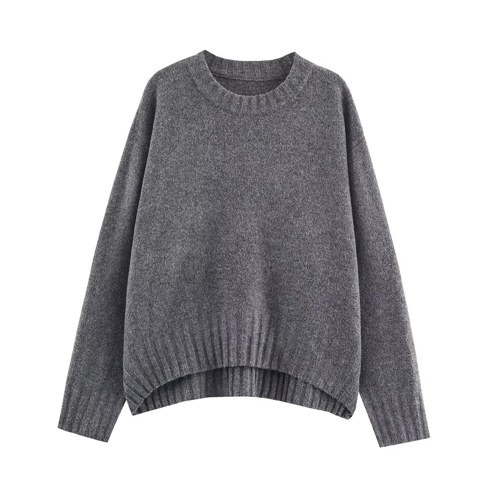 

New women's autumn asymmetrical hem loose ribbed decorative layer round neck long sleeved knitted pullover sweater