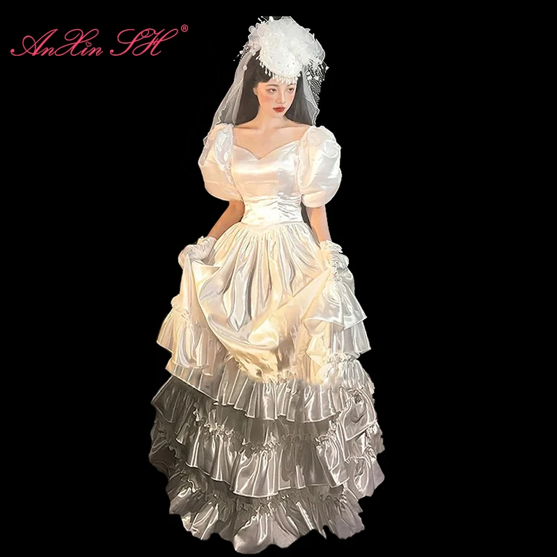 AnXin SH vintage white satin princess sweetheart big puff sleeve ruffles handmade bride Antique customized wedding dress