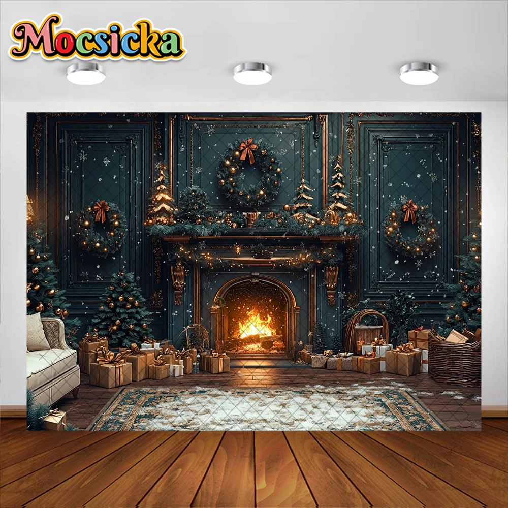 ฤดูหนาวคริสต์มาสการถ่ายภาพพื้นหลังXmas RoomเตาผิงGarlandของขวัญตกแต่งวันหยุดผู้ใหญ่เด็กPortrait Photo Studio Prop