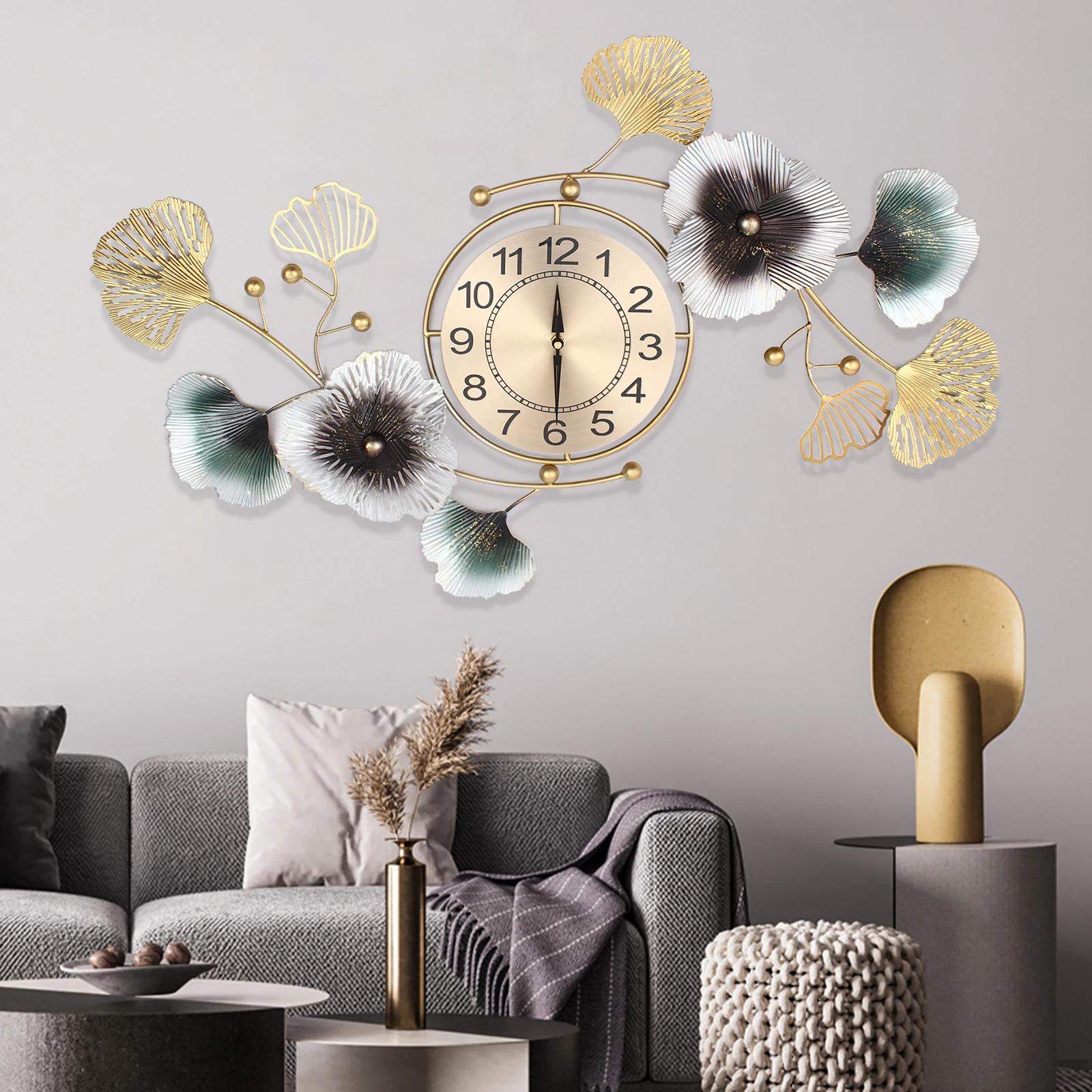 Light Luxury Atmosphere Ginkgo Leaf Wall Clock Mute DIY Large Wall Clock Modern Home Office Decorations for Living Room Bedroom