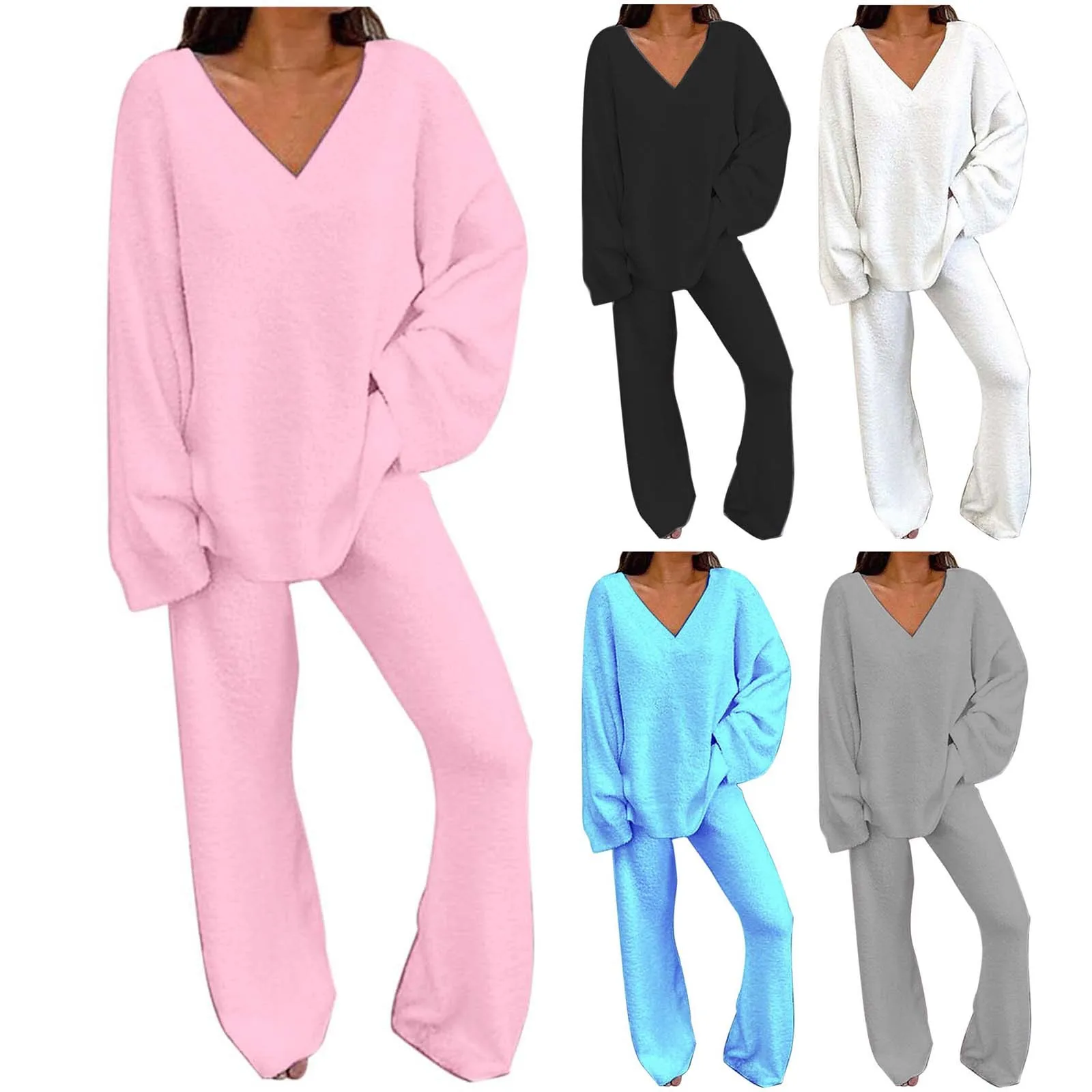 Autumn Winter Women Pajamas Set Solid Oversized V Neck Tops Long Pants Suit Comfort Casual Home Warm Sleepwear Outfit Pijama