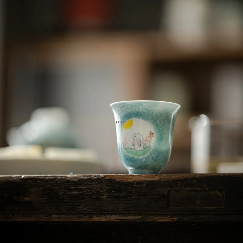 

Hand Drawn Window Opening Jade Rabbit Moon Watching Tea Cup Underglaze Color Literati Imitating Ancient Ceramics Imitating