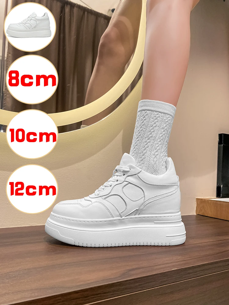 12cm Platform Elevator Sneakers Women Casual White Shoes Genuine Leather 8cm Height Increasing Shoes Female Summer Mesh Sneakers