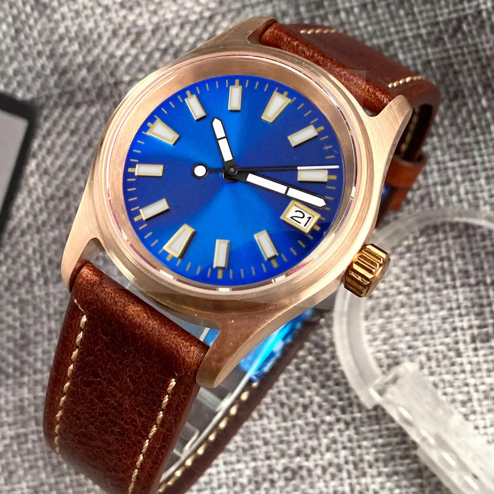 36mm Small Waterproof Dive Selfwinding Watch Male Real Bronze NH35AA Movt Military Pilot Wristwatch Leather Strap Green Lume