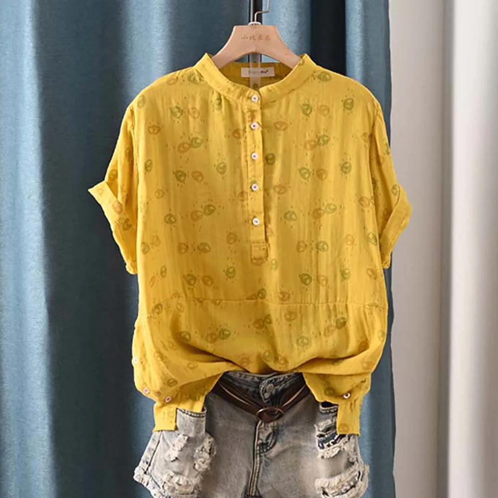 New Spring Cotton Yarn Casual Fashion Shirt Standing collar Printed Tops Women\'s Short Sleeved Loose Blouse 2024 Summer T44412QH