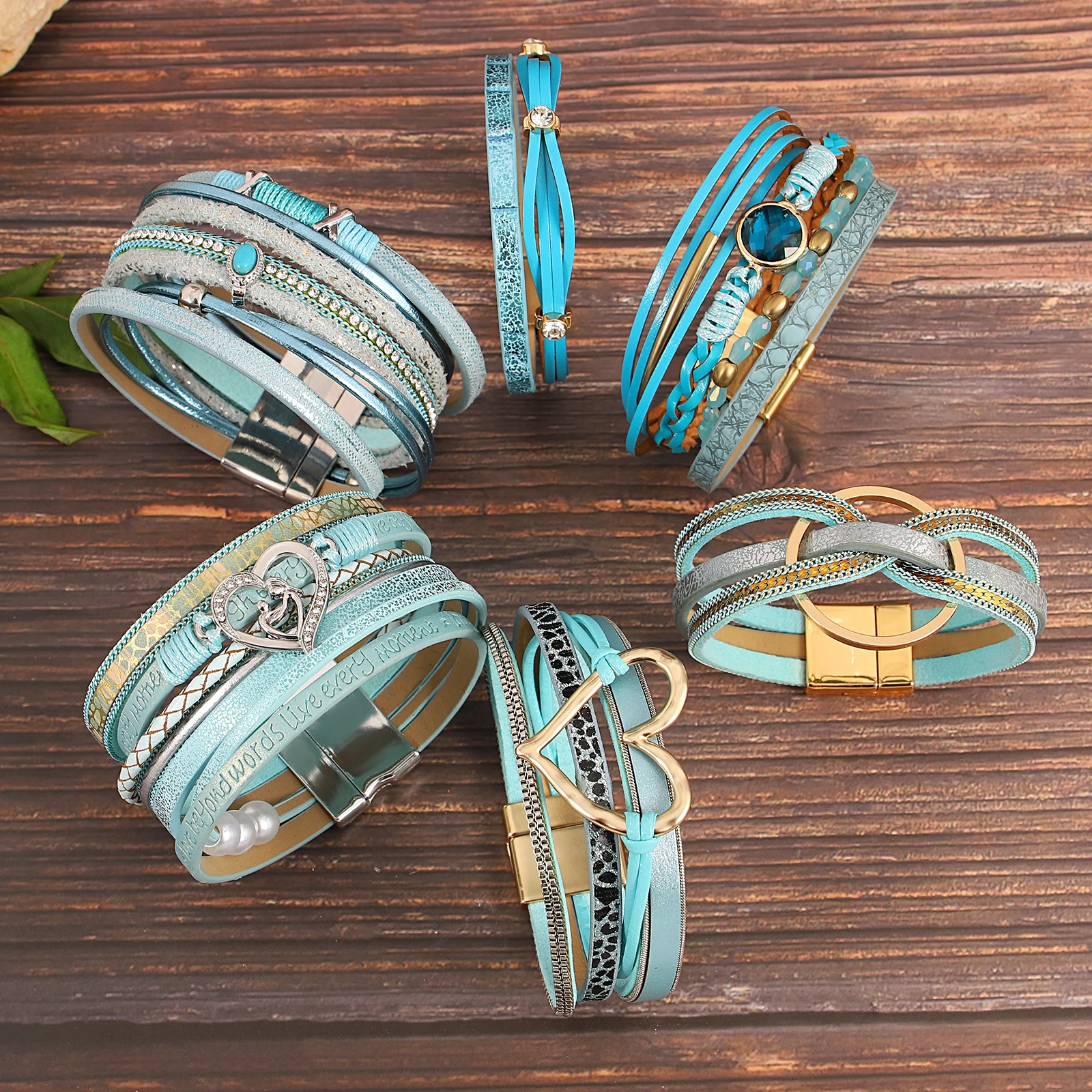 Amorcome Vintage Stackable Multilayer Leather Bracelet for Women Irregular Heart Geometric Buckle Bangle Jewelry Accessories