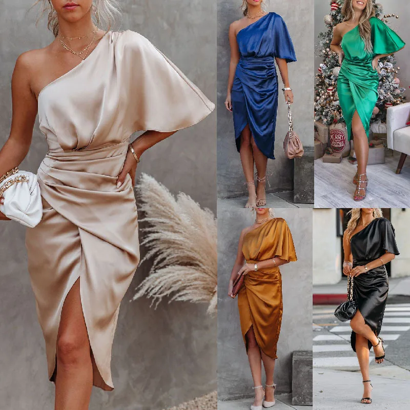 Dames satijnen one-shoulder vleermuismouwen ruches midi-jurk asymmetrische wrap front cocktailparty bodycon-jurken