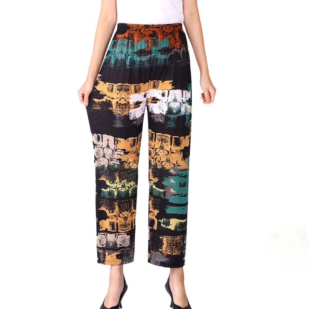 

Womens Ice Silk Printed Harem Pants Elastic Waist Cropped Loose Straight Trousers Polyester Spandex Composition
