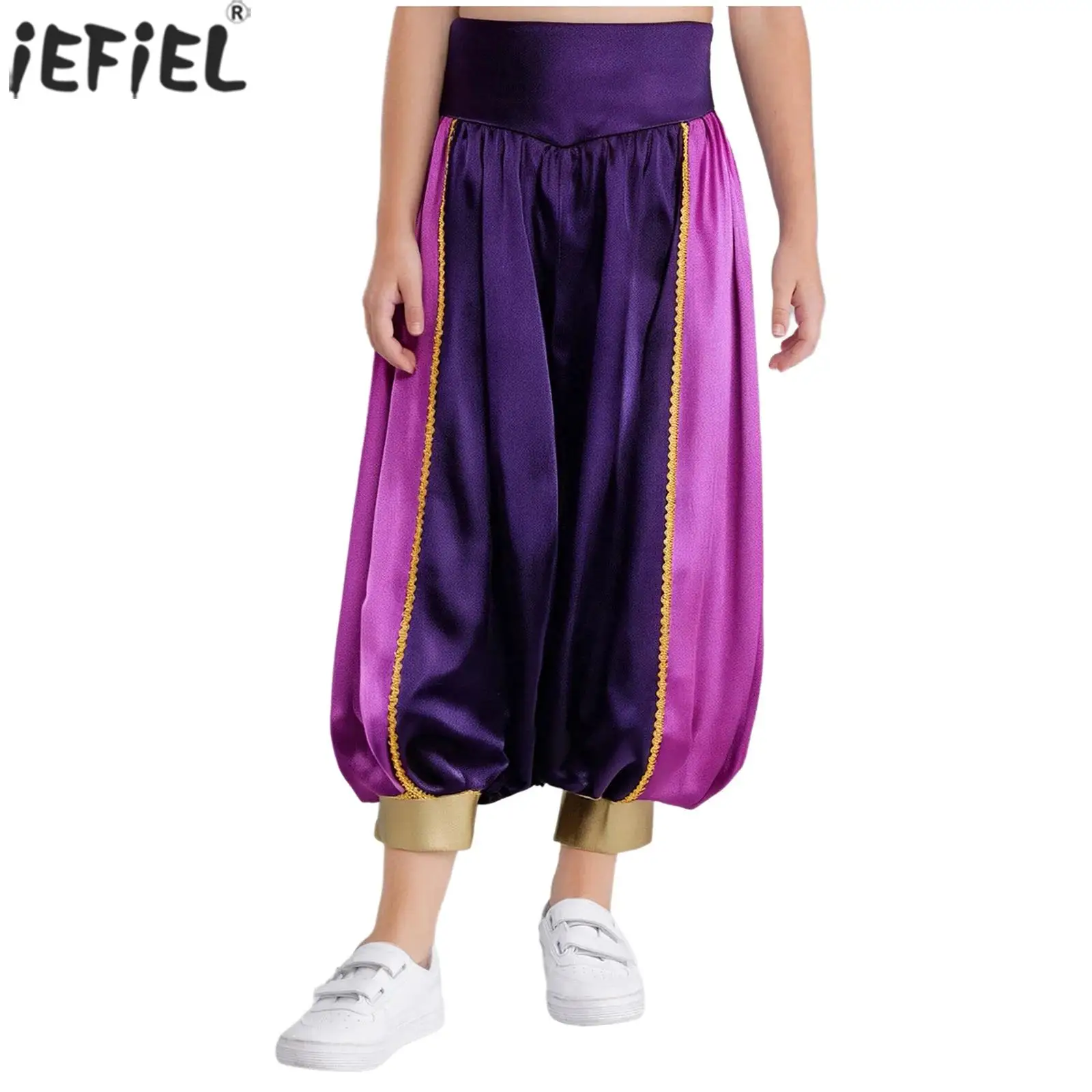 Kids Belly Dance Harem Pants High Waist Loose Satin Trousers Halloween Party Arabian Prince Princess Cosplay Bellydance Costume