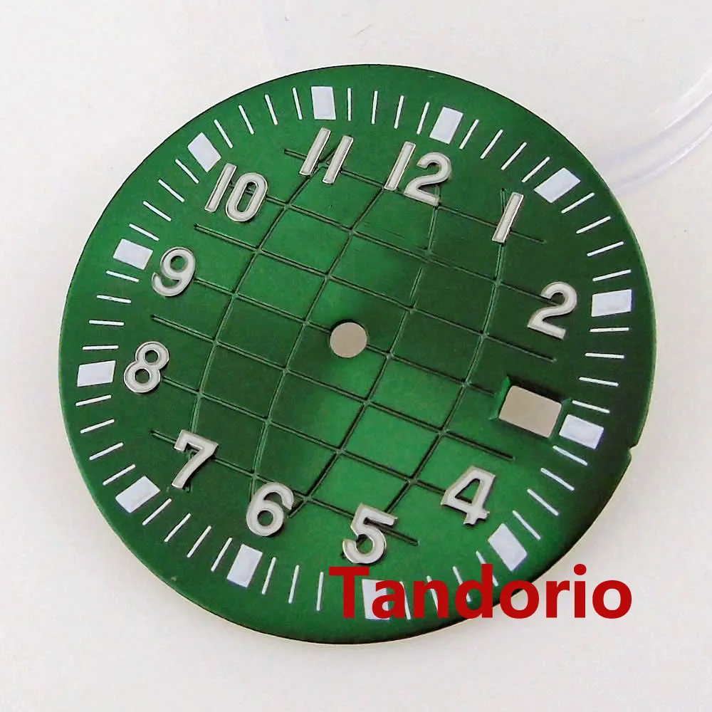 33mm Grid Dial Fit NH35 NH36 7s26 Movement Blue/Green/Black Red/ Black 12-Hour Watch Dial Green Luminous Index Date Windown