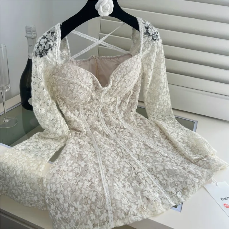 Sexy Lace Mini Dresses for Women Square Collar Flare Sleeve Slim Waist A-line Evening Party Dress Wedding Prom Short Vestidos