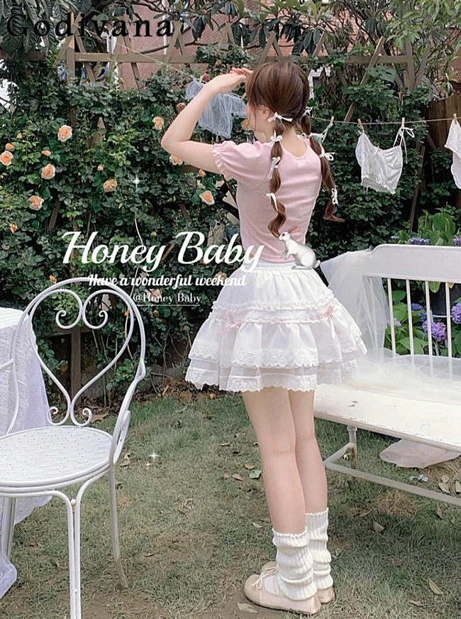 

Original Lace Stitching Bow Elegant All-Match White Mini Skirt Summer Fashion JK Girly Sweet Y2k High Waist Slim Skirts Women