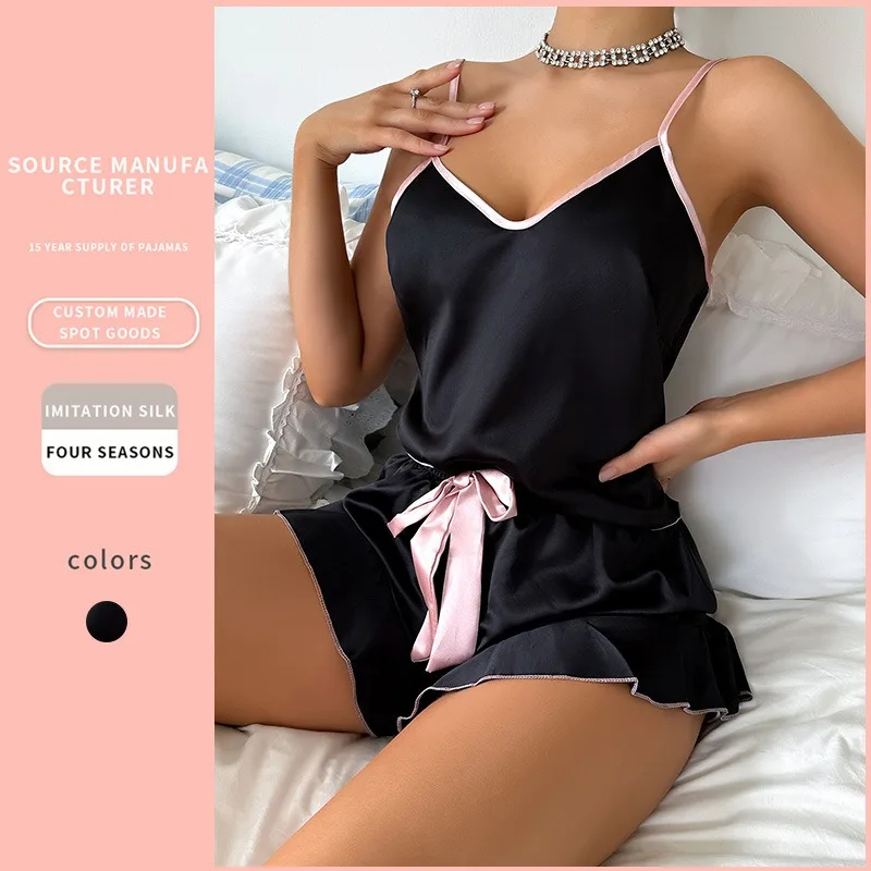 

Women's Smooth Satin Pajamas V-Neck T-Shirt Ruffled Edges And Bow Shorts Simple And Breathable Pajama Set Sling Home Clothing