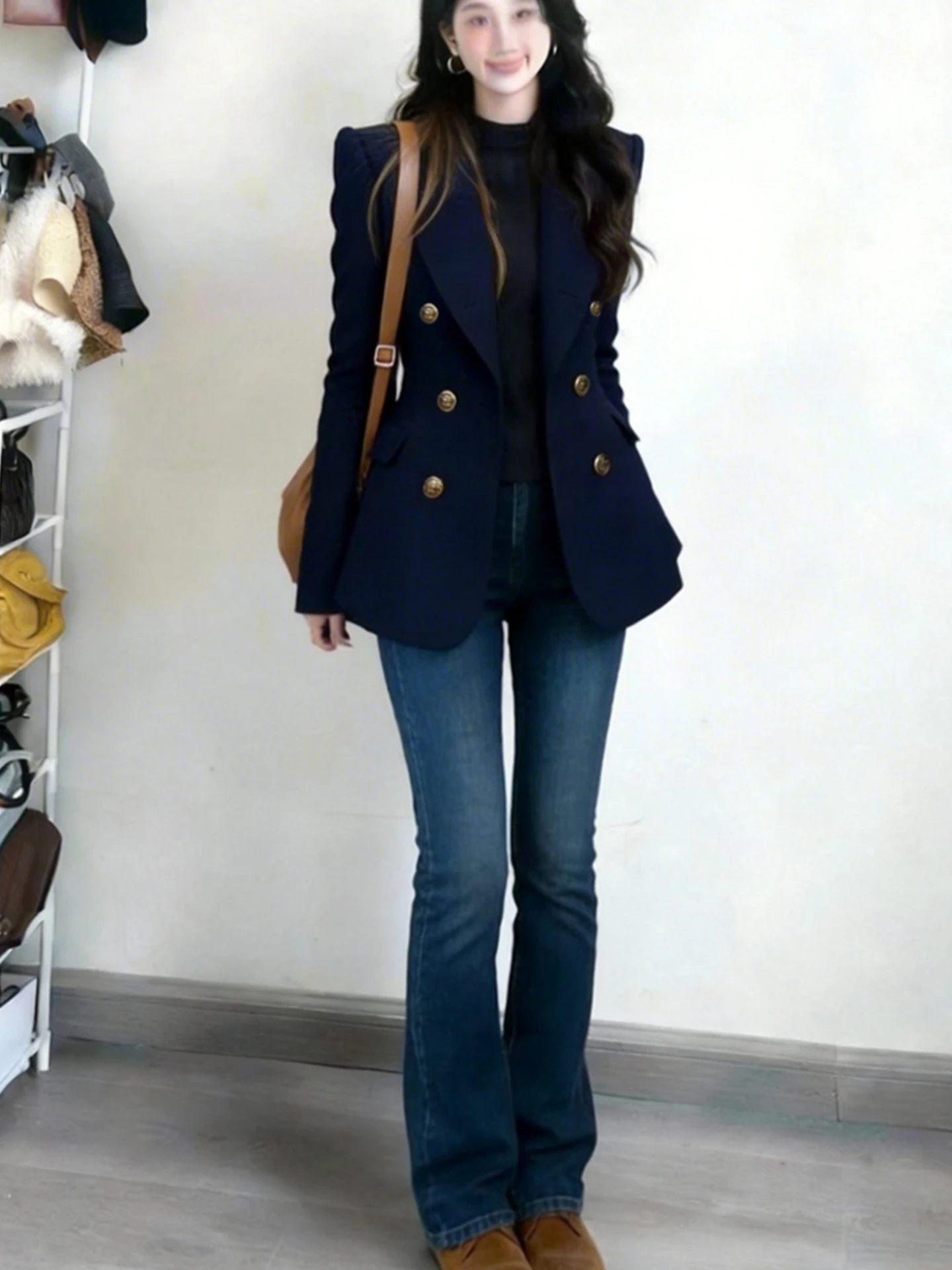 Elegant Dark Blue Double-Breasted Long Sleeve Suit Women's Commute Workwear Jacket Spring 2026 Fashion Casual Polyester Fiber