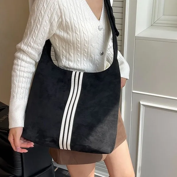 

Three-Stripe Designer Tote - Premium Suede Texture Large Capacity Bag with Removable Straps for Multiple Carries