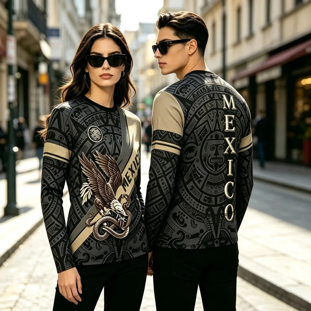Men's Mexico Eagle Serpent 3D Print Long Sleeve T-Shirt Unisex Vintage Aztec Calendar Casual Streetwear Crew Neck Top