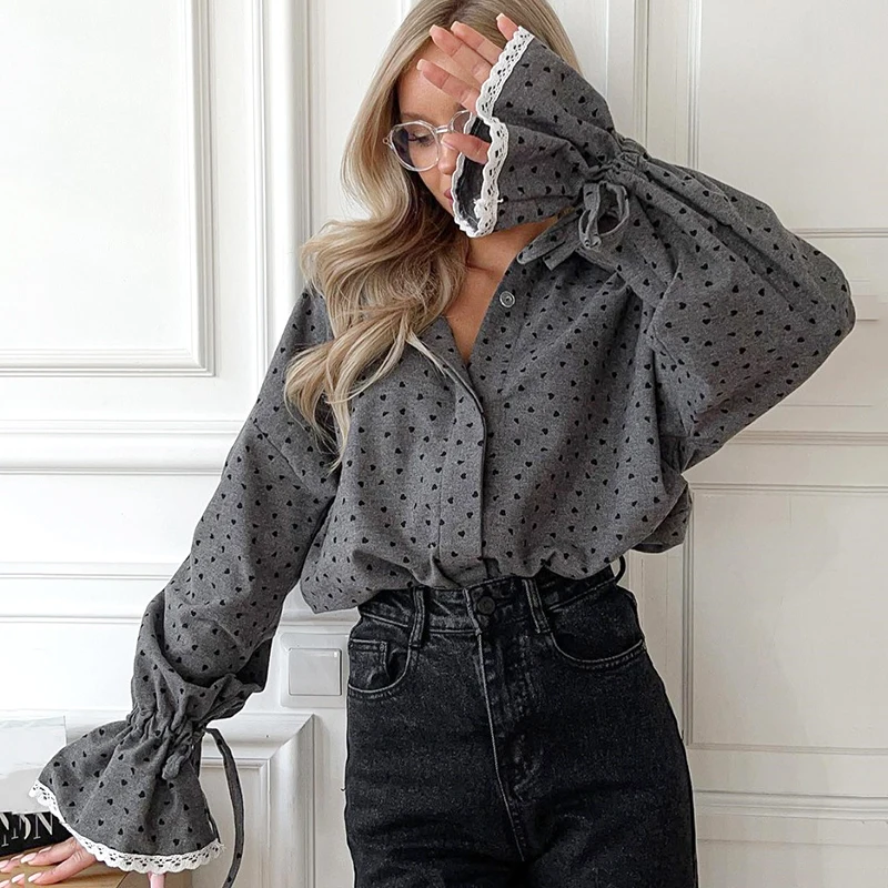 

Весенне-осенняя свободная женская рубашка в горошек с принтом сердца и кружевным воротником с длинным рукавом, милый китайский тонкий винтажный топ с отложным воротником