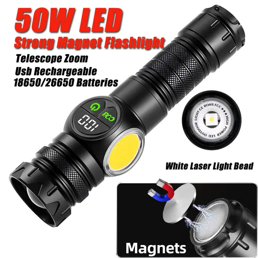 50W High Power LED COB Flashlight 8 Lighting Modes Rechargeable Torch Tail Magnet Telescope Zoom Lamp Outdoor Emergency Lantern