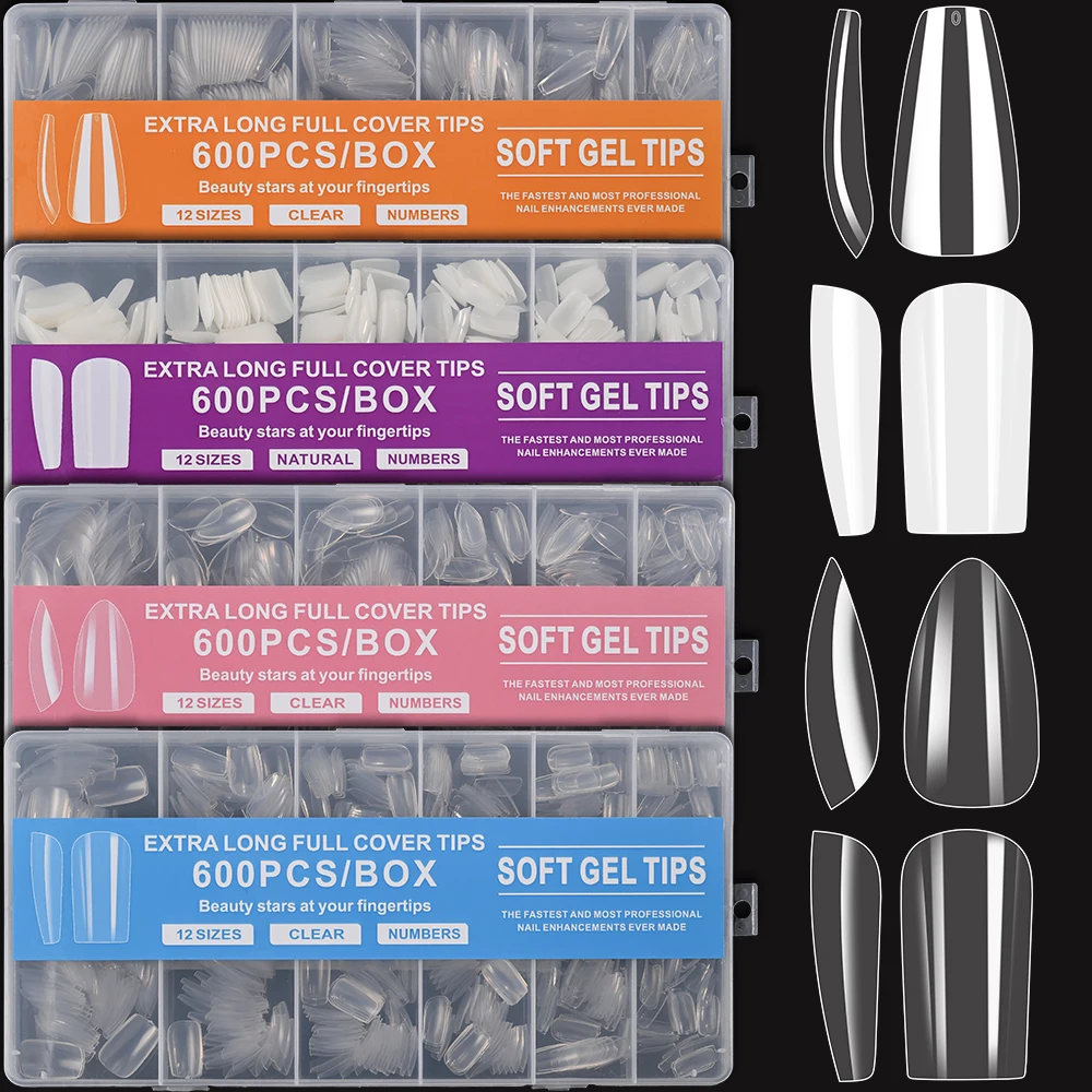

600pcs Medium Square/Coffin/Almond Nail Tips Kit 12 Sizes Full Cover Soft Gel X Nails Clear & White Glossy Acrylic False Nails *