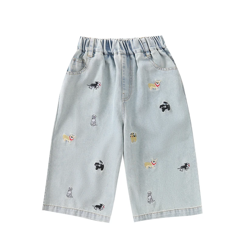 

New Girls Mid-Calf Denim Kids Capris Teen Girls Casual Cropped Jeans With Cute Puppy Embroidery Design Teenage Shorts Ages 4-14Y