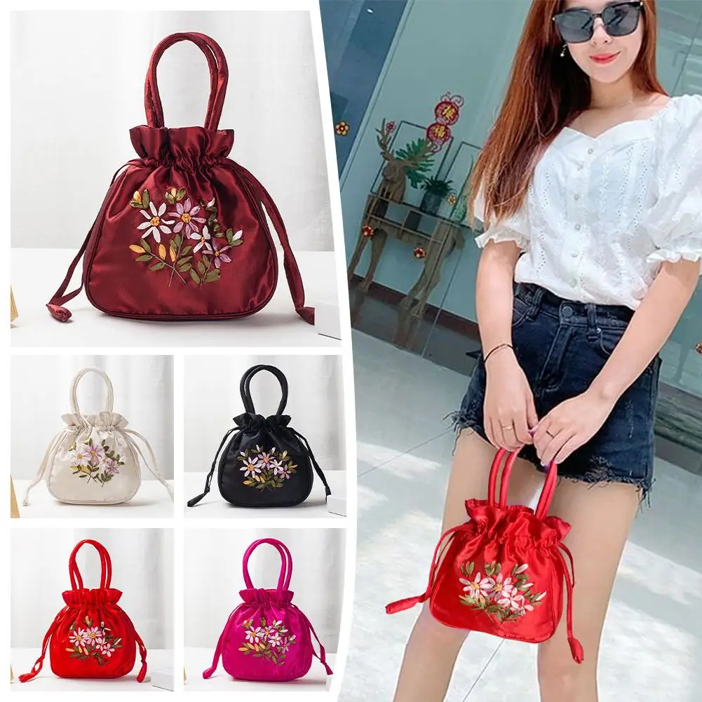 Women Bucket Bag Top Handle Ladies Handbag Phone Bag Summer Small Purse National Style Embroidered Flower Pattern Drawstring Bag