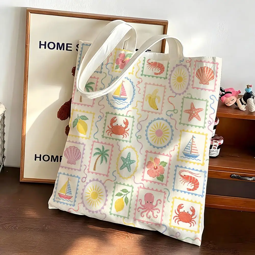 Seaside collage of colorful stamps Storage Bags Canvas bags are suitable for going to class, shopping, gifts, and commuting