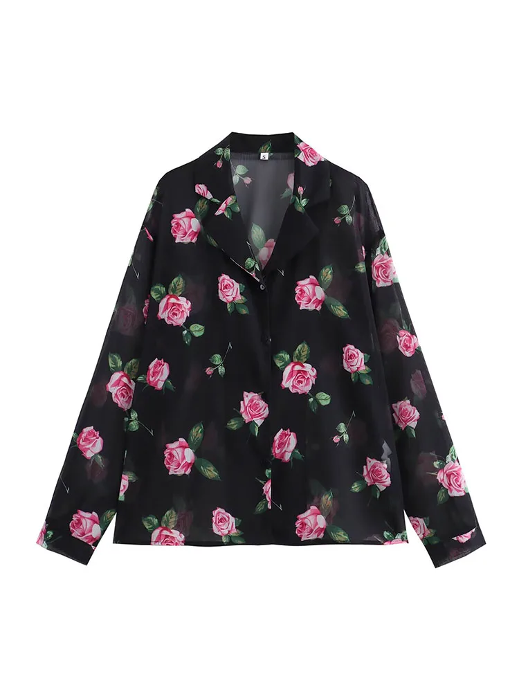 

2024 Ice Silk Chiffon Sun Protection Shirt Women's Early Autumn New Fashion Retro Rose Print Loose Thin Cardigan Top