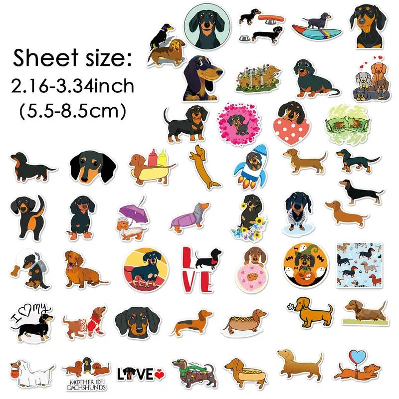 50Pcs Cute Waterproof Dachshund Stickers Funny DIY Animal Graffiti Decals for Waterbottles Laptop Luggage Phone Skateboard