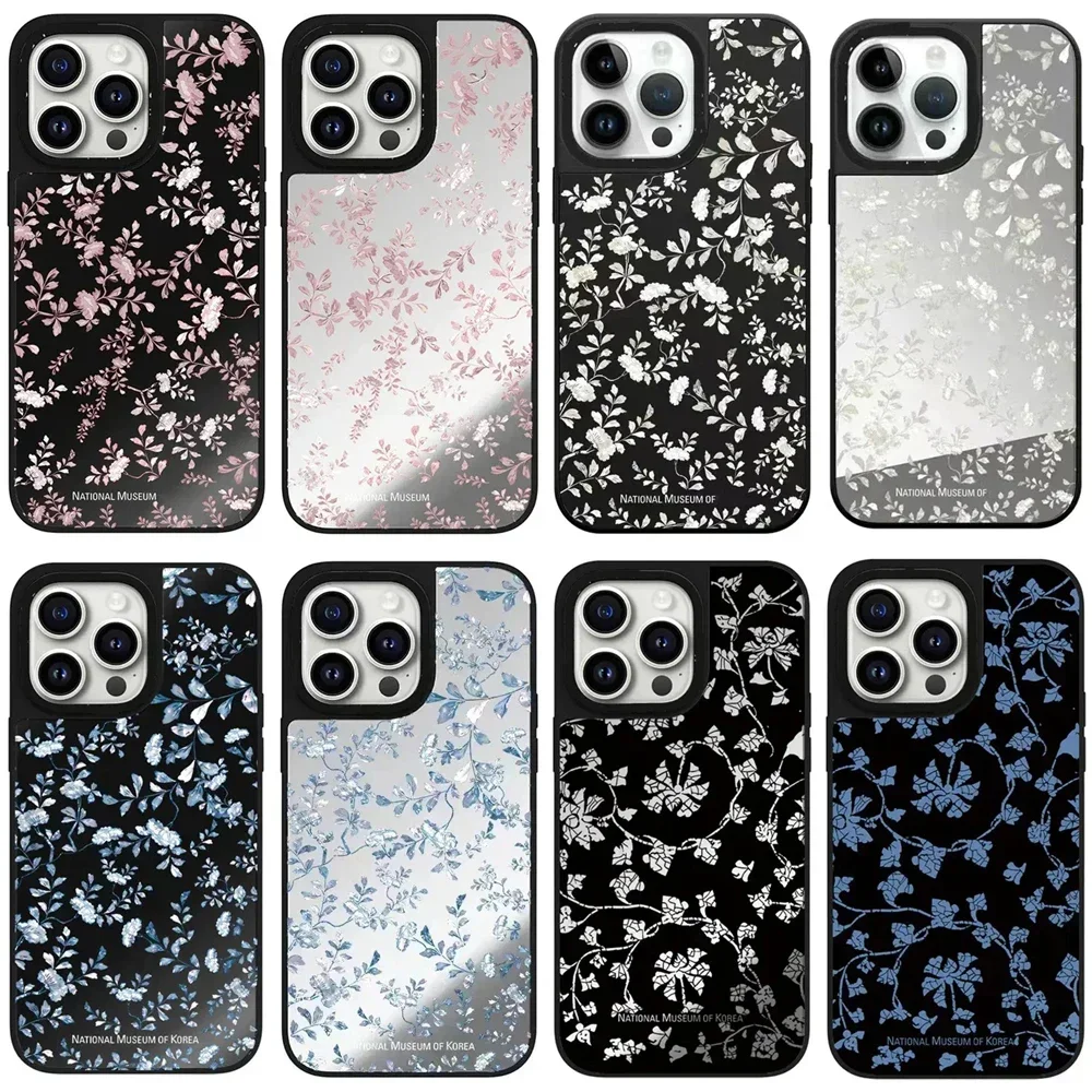 

Mirror Surface Korean Museum Flower Phone Case Cover for iPhone 11 12 13 14 15 Pro Max Case with MagSafe