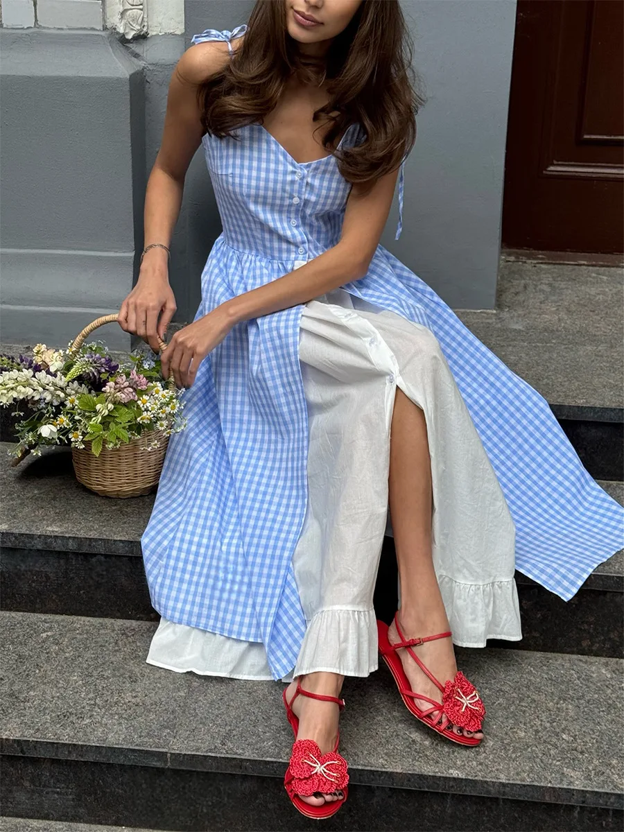 Bornladies Damen-Sommerkleid 2026, neues blaues kariertes Kleid, frischer Urlaubsstil, gespleißtes ärmelloses Kleid