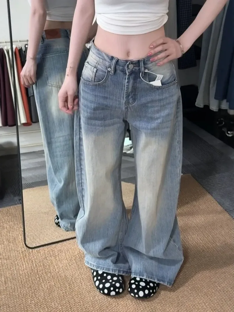 High Waist Loose Fit Casual Denim Jeans Women's plus Size American Retro Design Bamboo Texture Wide Leg Long Pants