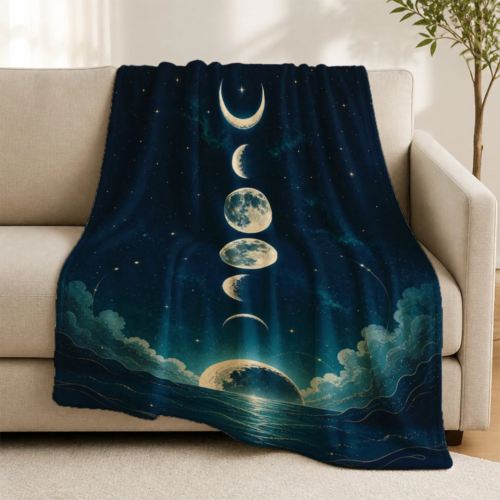Celestial Moon Phases Galaxy Throw Blanket for Sofa Couch Decor Luxury Starry Night Cosmic Knit Fleece Accent Wrap Living Room H