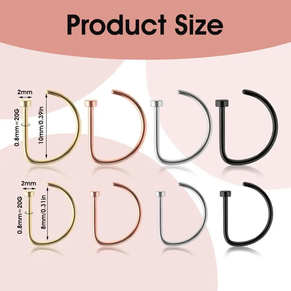 1/8Pcs Set Fake Nose Ring Hoops D Shaped Fake Ear Ring Hoops Faux Nose Rings Hoops Nose Studs Small Piercing Jewelry Women Men