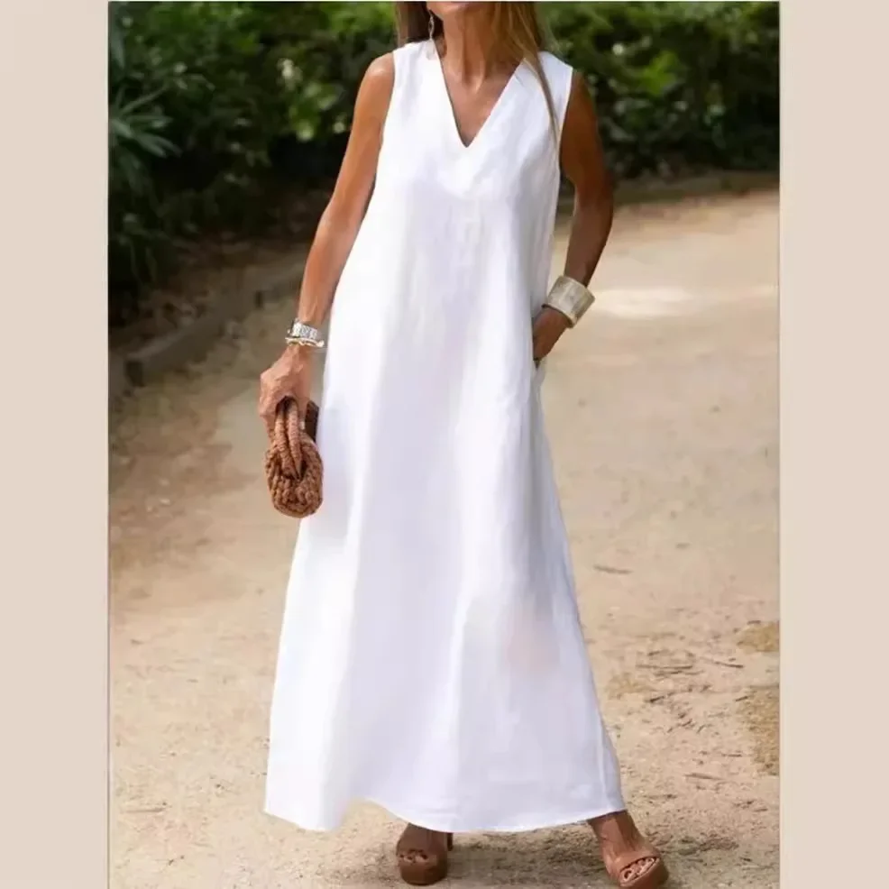 2025 Spring Cotton Linen Women Dress Long Black V-neck Sleeveless Loose A-line Dresses Female Elegant Trendy Casual Lady Clothes