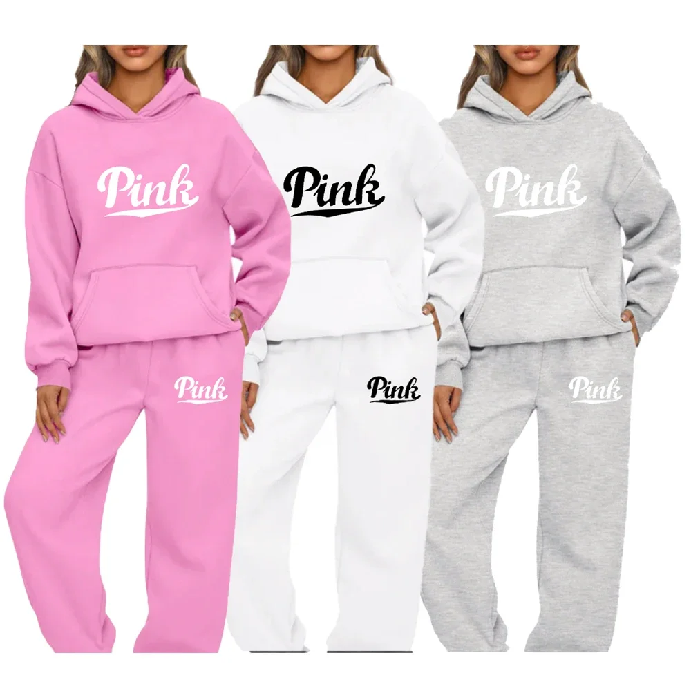 Fatos de treino feminino casual sólido ternos quentes hoodies moletom outono inverno pulôver moletom calças terno esportivo conjuntos de duas peças