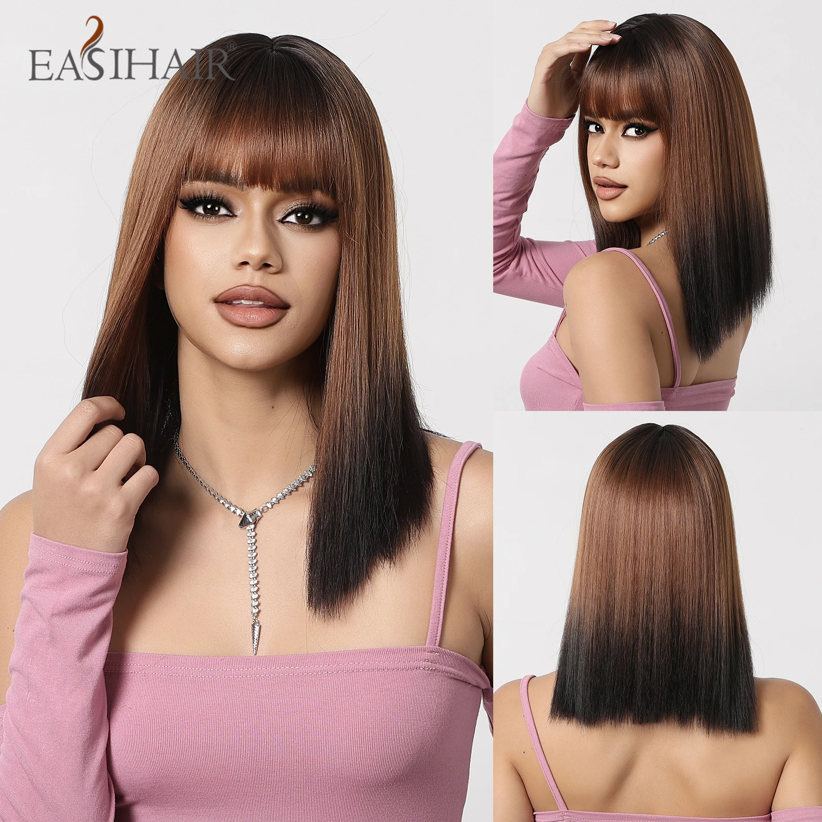 

EASIHAIR Shoulder Length Straight Synthetic Wigs Brown Ombre Black Short Wigs with Bangs for Women Daily Cosplay Heat Resistant