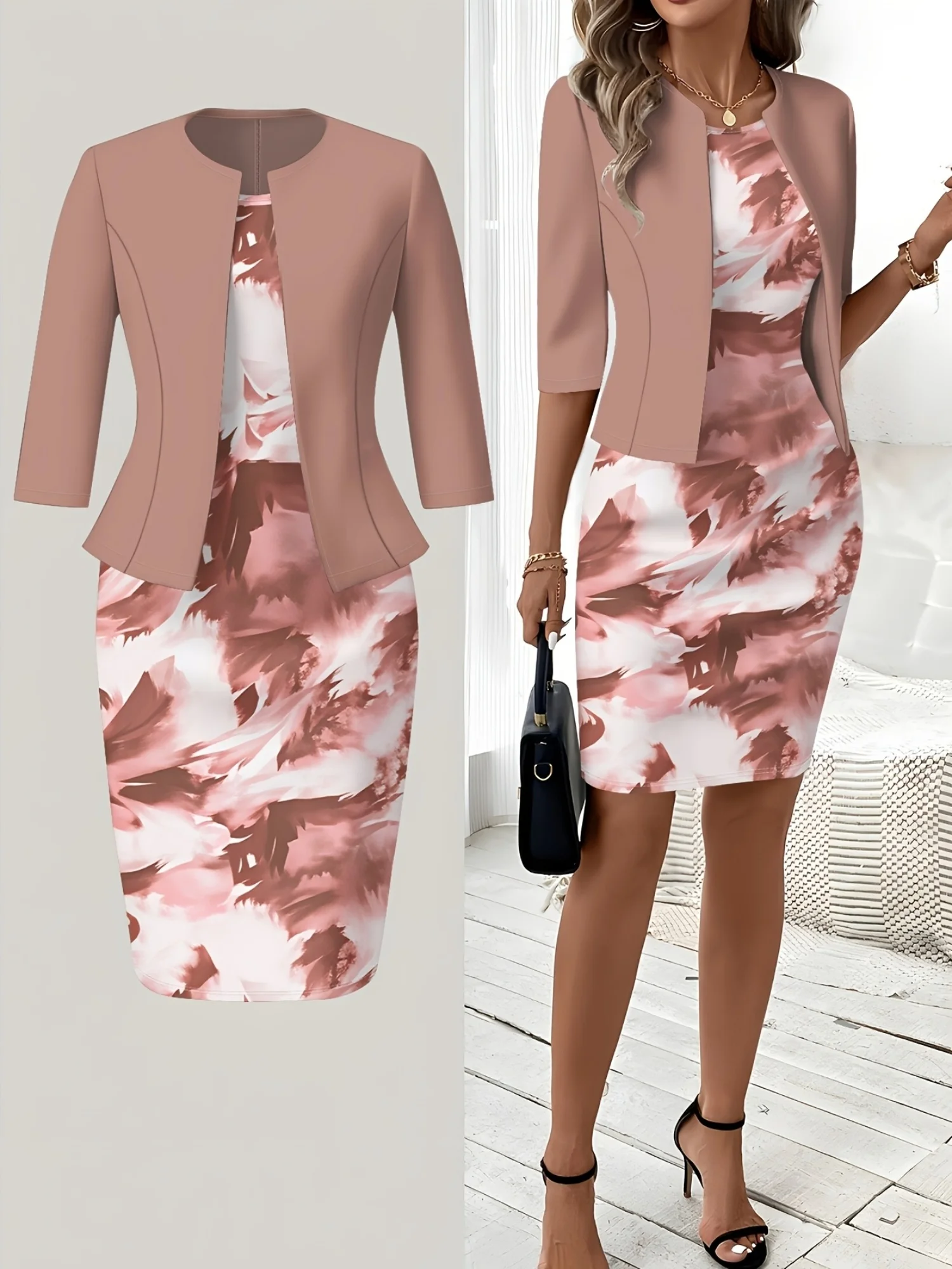 Print Design Casual Style Pink Brown Ink Wash Abstract Print Round Neck Sleeveless Dress Set