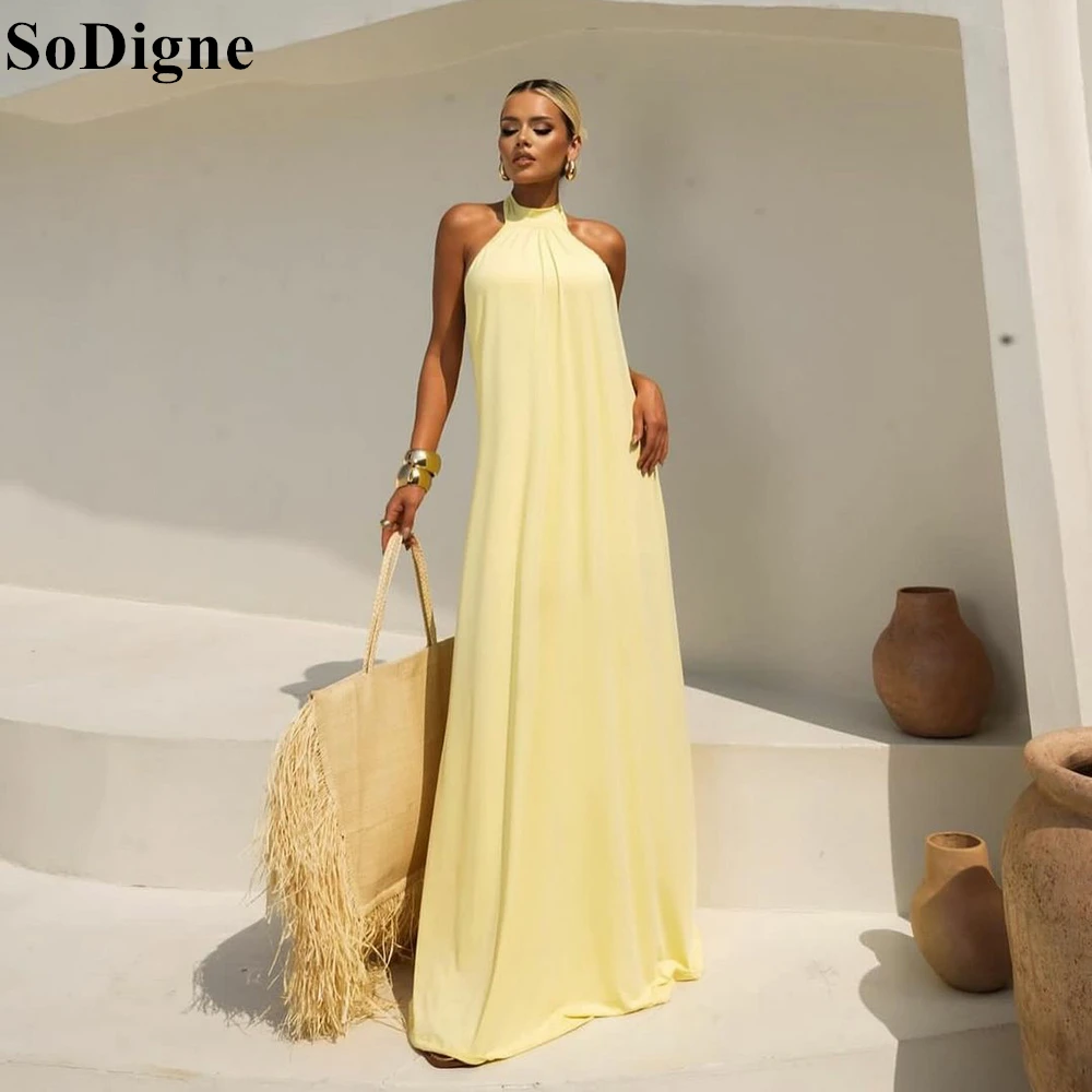 

SoDigne Yellow Satin Evening Dresses High Neck Backless Pleated Sexy Sleeveless Party Dress 2024 Special Occasion Prom Gowns