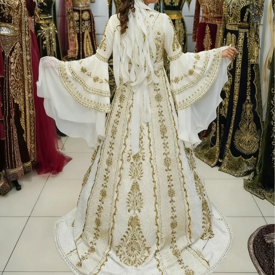 Роскошные аппликации из бисера Мусульманские этнические свадебные платья Белые изысканные ближневосточные вечерние платья по индивидуальному заказу