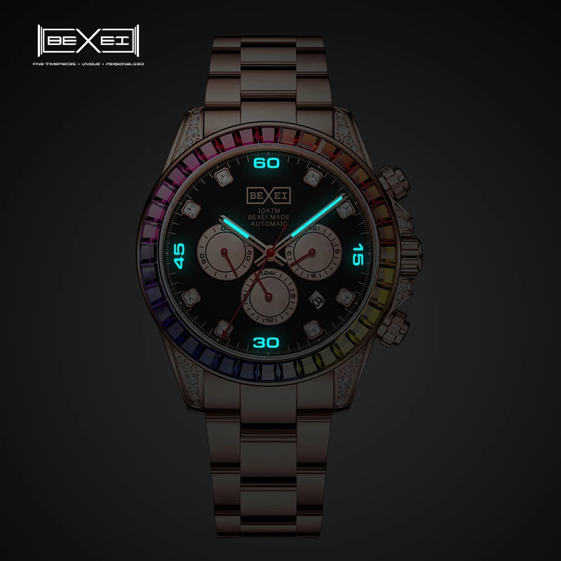 BEXEI 9150 Rainbow Crystal Bezel Automatic movement mechanical fashion Man watch Luxury  skeleton synthetic sapphire waterproof