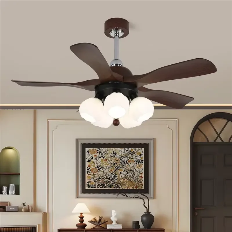 European Creative 5 Heads Glass Shade Walnut Tone ABS Blades Ceiling Fan Light for Living Room Bedroom Retro Home Decor Fan