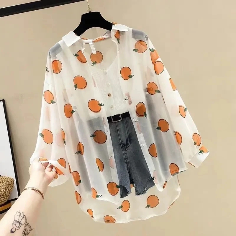 2024 Summer Women fruits Print Sunscreen Shirt Orange Blue Green Long-sleeve Chiffon Coat Casual Loose Femme